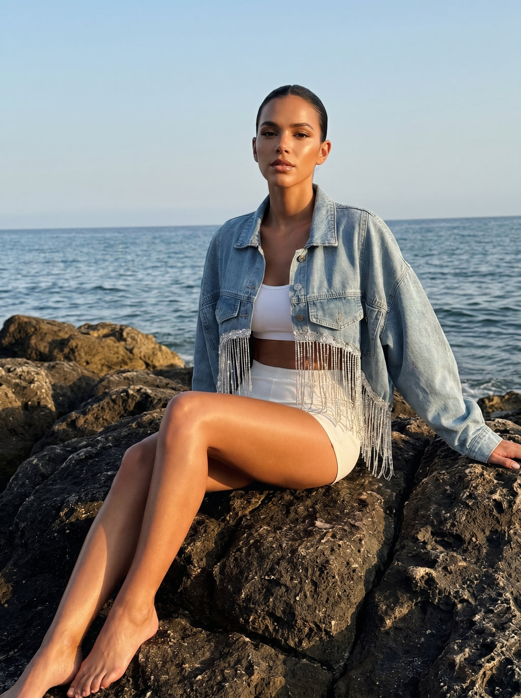 Crystal fringe high low Denim