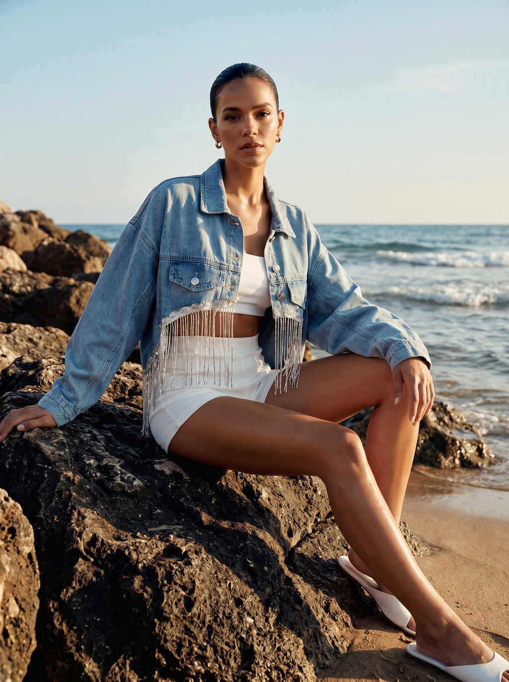 Crystal fringe high low Denim