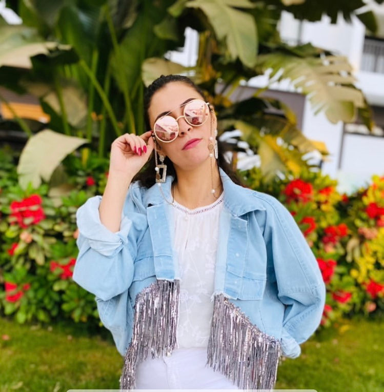 Crystal fringe high low Denim