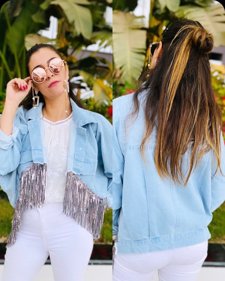 Crystal fringe high low Denim