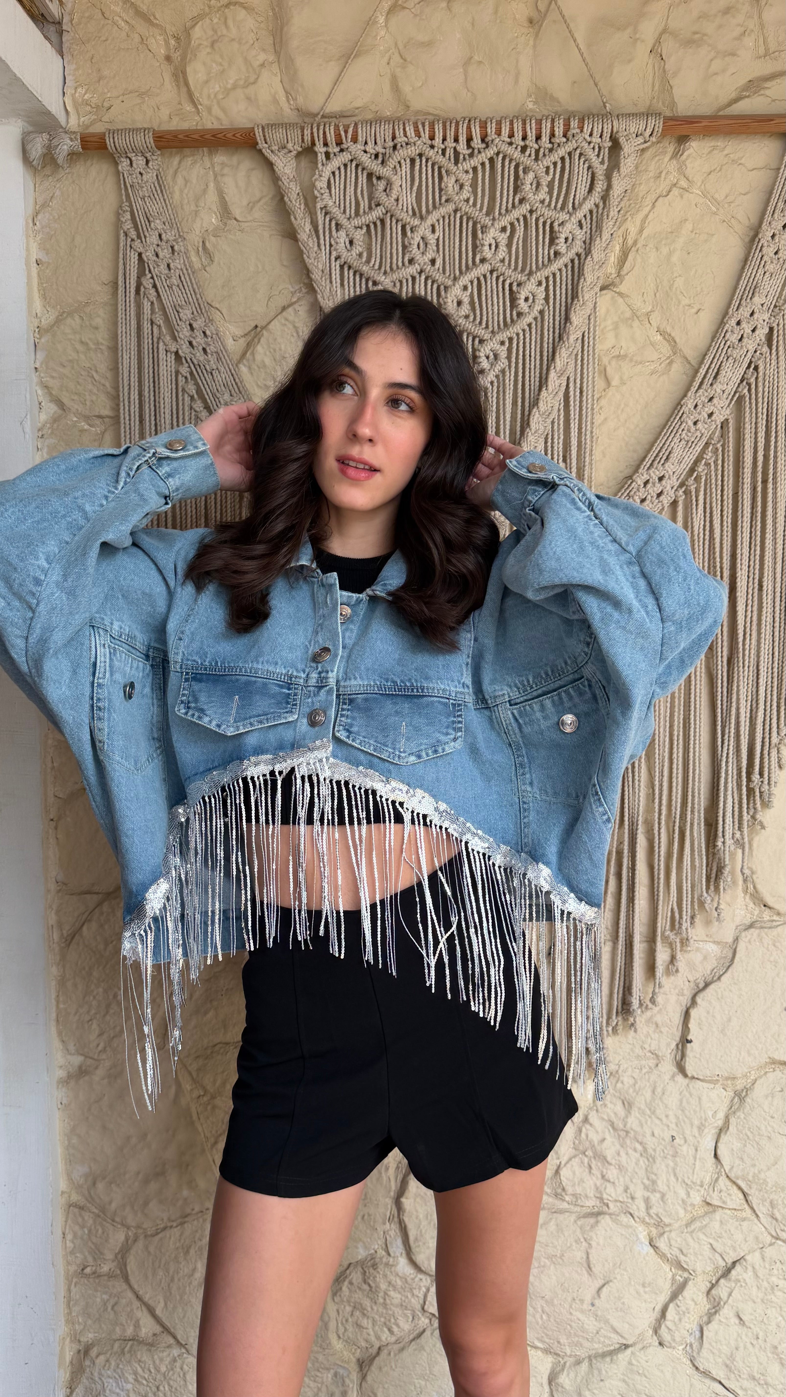 Crystal fringe high low Denim