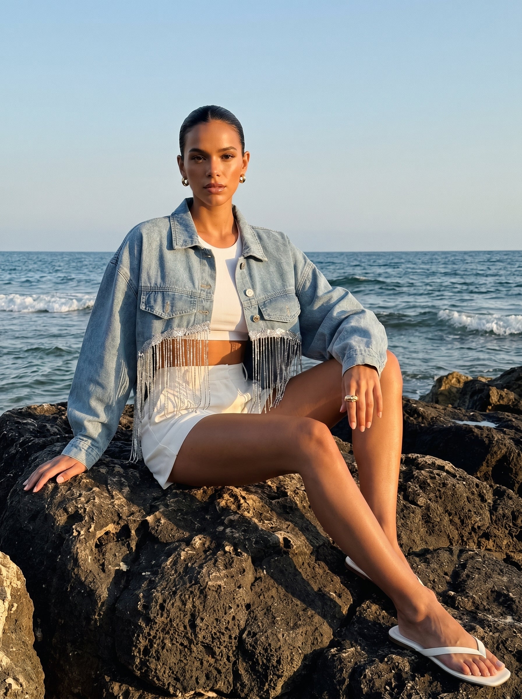 Crystal fringe high low Denim